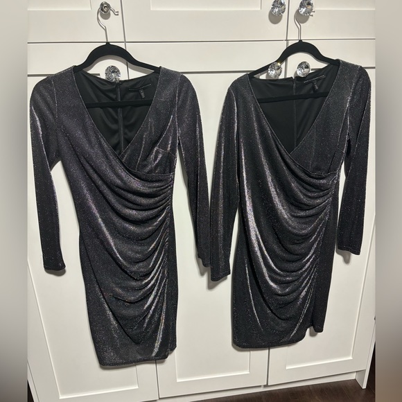 Long-Sleeve Silver Sparkle Knit Ruched Sheath Dress New - size 2, and 8 Avail. - Picture 2 of 10
